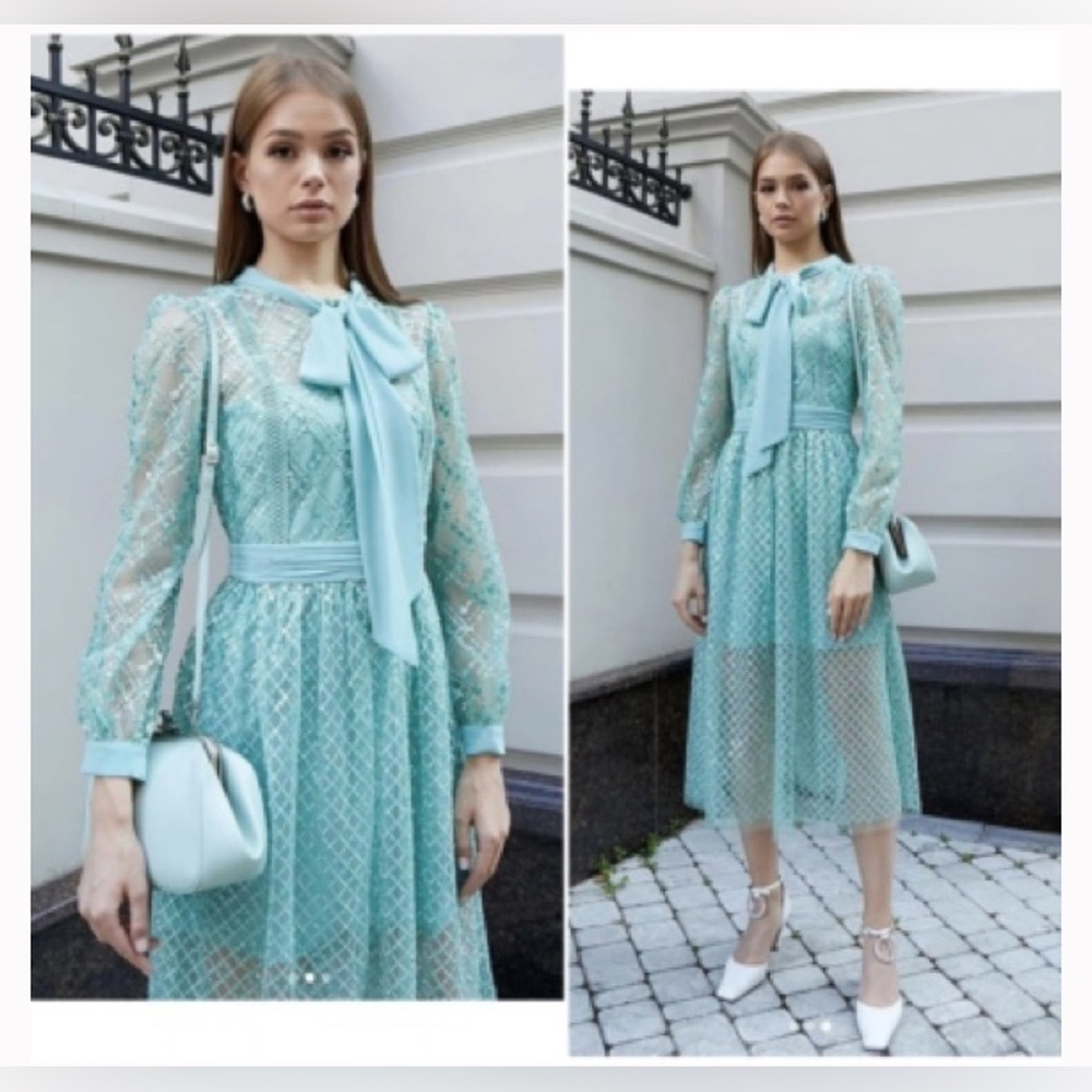 SELF-PORTRAIT Mint Seafoam Green Grid Sequin Bow Lace Dress Size 4 NWT